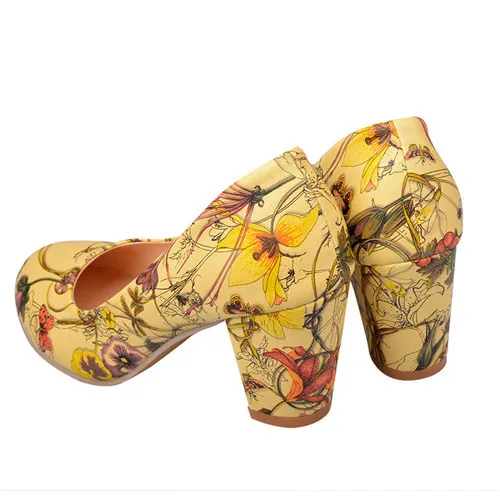 Yellow Meotina женские туфли на высоком каблуке женские туфли-лодочки на квадратном каблуке с круглым носком цветочный принт дешевая рабочая обувь желтого красного цвета большой размер 9 10 43 - Цвет: Yellow