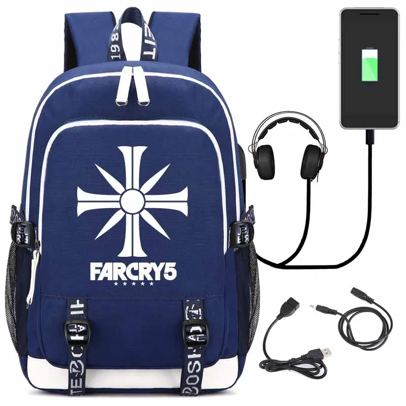 Рюкзак FARCRY5 с usb-портом для зарядки и замком и интерфейсом для наушников для студентов колледжа - Цвет: style1 blue