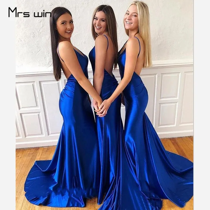 Mrs win/платья подружки невесты; королевский синий цвет; длинное платье русалки; Vestido Madrinha HR242 для девочек; глубокий v-образный вырез; открытая спина; свадебные платья для гостей