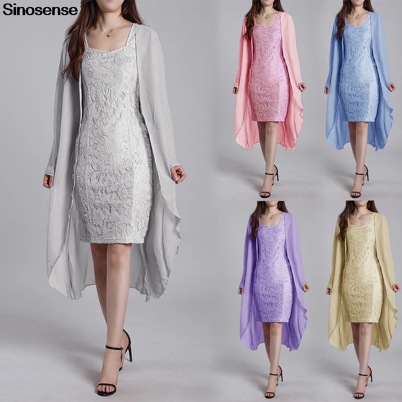 

Women Two Piece Set 2019 Lace Dress+Long Coat Matching Sets Casual Work Office Evening Party 2 Piece Outfits Plus Size S-5XL
