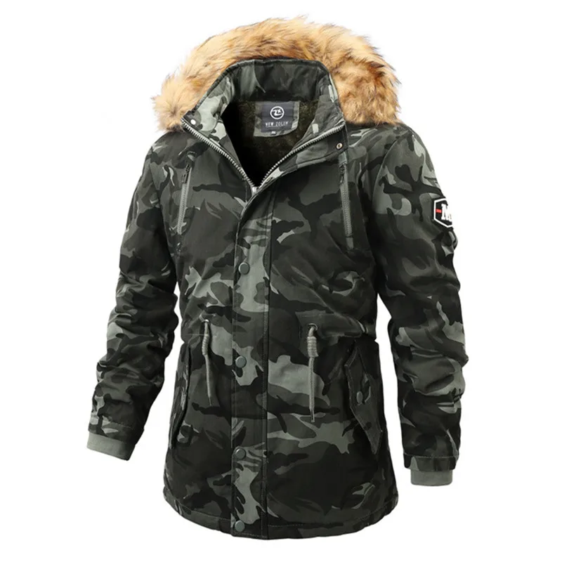 Black camo Зимние длинные толстые хлопковые парки с воротником из искусственного меха, мужские камуфляжные пальто, мужские куртки в стиле милитари с капюшоном и карманами, верхняя одежда, ветрозащитные пальто - Цвет: Black camo