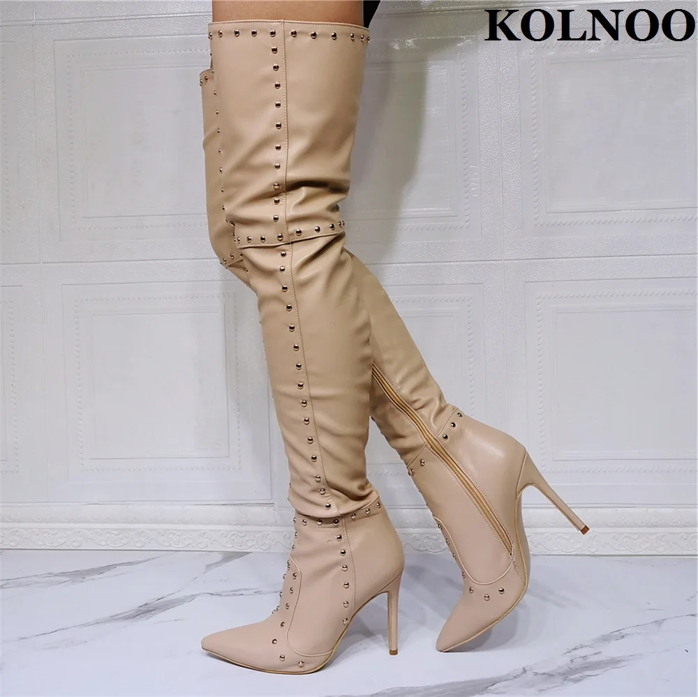 

Kolnoo New Arrival Handmade Ladies Thigh High Boots Rivets Spikes Pointy Real Photos Over Knee Boots Sexy Evening Fashion Shoes