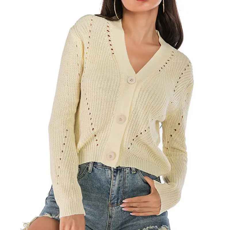 

Women Apricot Button Down Knit Cardigan Spring Autumn Hollow V Neck Long Sleeve Open Stitch Sweater Loose Casual Warm Sweater x