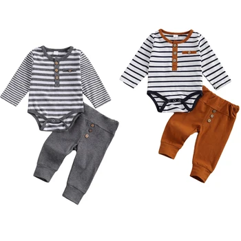lioraitiin 2 Pcs Baby Boy Girl Casual Suit Clothing Round Neck Long Sleeve Stripe Romper Button Decoration Loose Trousers 1