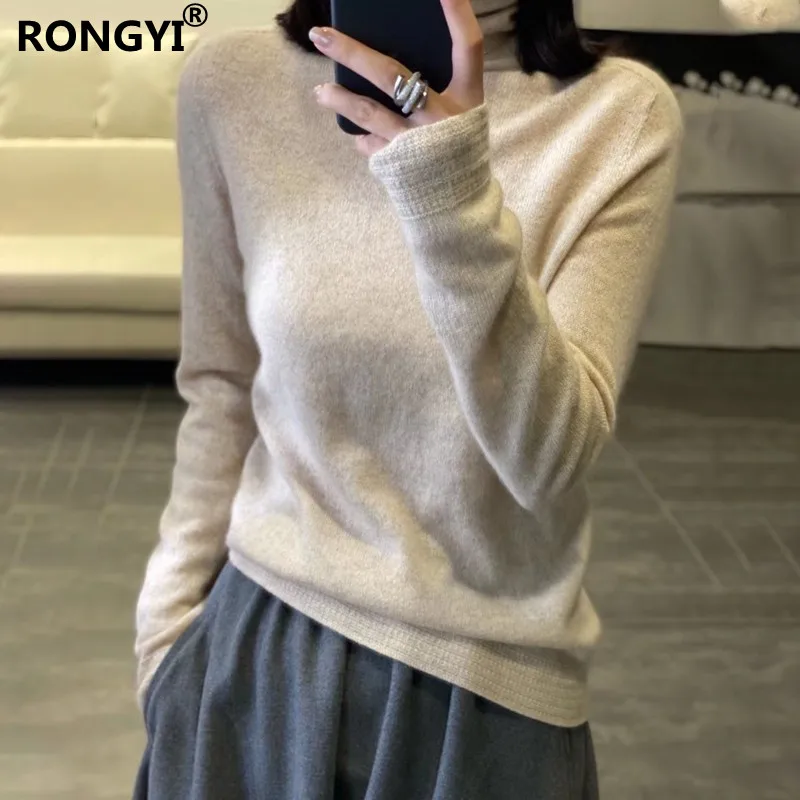 RONGYI Ladies 100%Pure Wool Sweater Spring Autumn New High Neck Tops Large Size Knit Pullover Warm Long-Sleeve Cashmere Sweaters sweater hoodie Sweaters