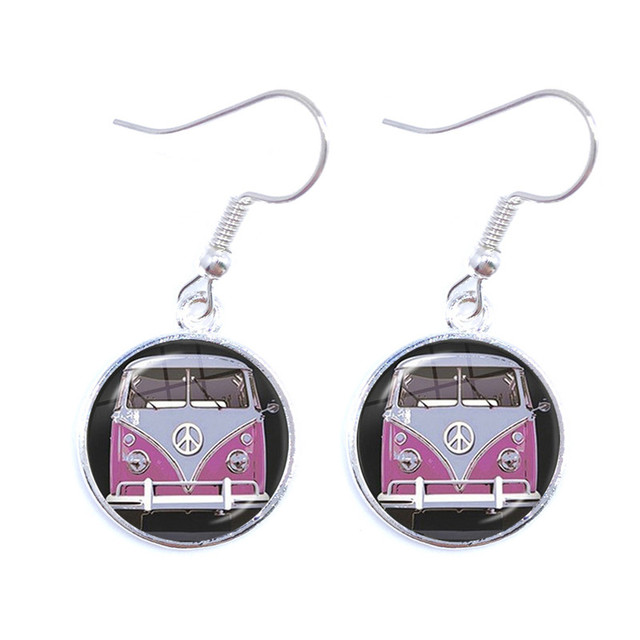 Blue-Red-Yellow Hippie Peace Van Bus Photo Drop Earrings Retro Beach Bus Car Collectors Bus Peace Sign Jewelry For Women