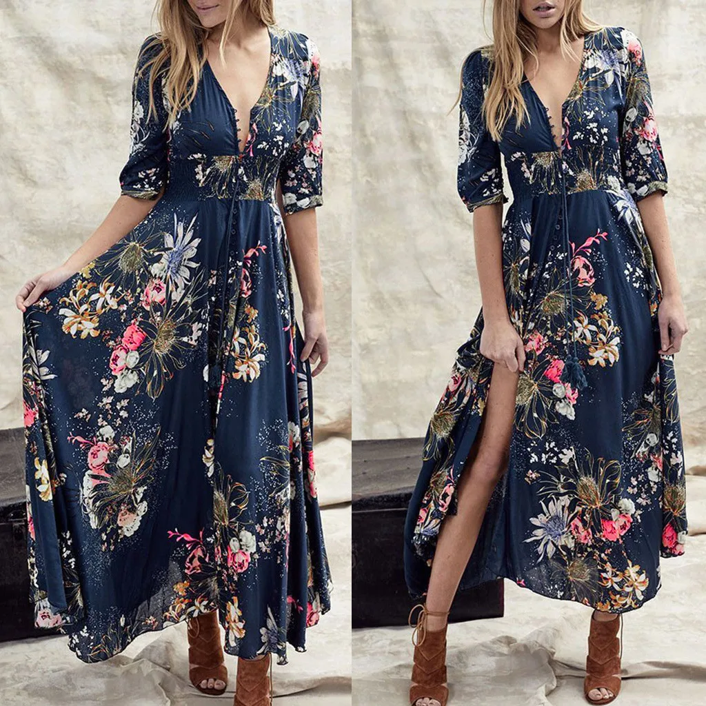 Женские Модные богемные цыганские Boho печати v-образным вырезом три четверти рукав макси платье сексуальные шикарные элегантные имперские Вечерние Повседневные платья