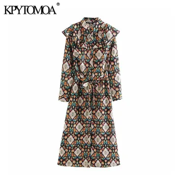 

KPYTOMOA Women 2020 Chic FASHION Paisley Print Ruffled Midi Dress Vintage Bow Tie Sashes Long Sleeve Female Dresses Vestidos