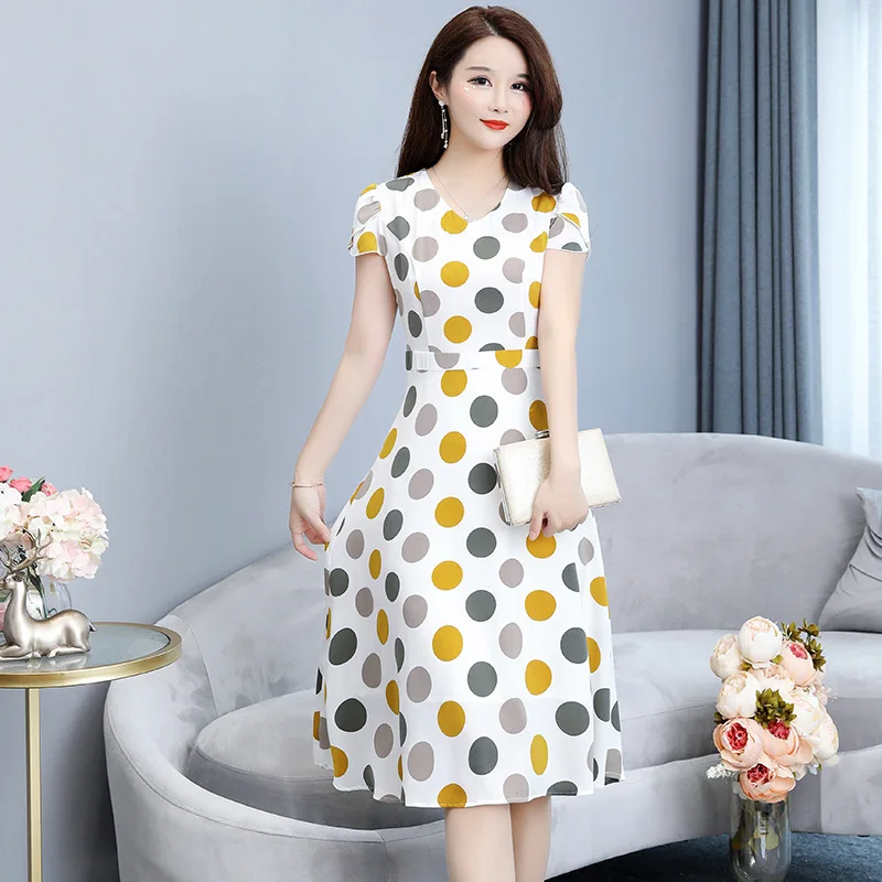

2019 Short Sleeve WOMEN'S Dress Fashion Large Size Crew Neck Middle-aged Women Dress Middle-aged Floral Casual Medium-length Dre