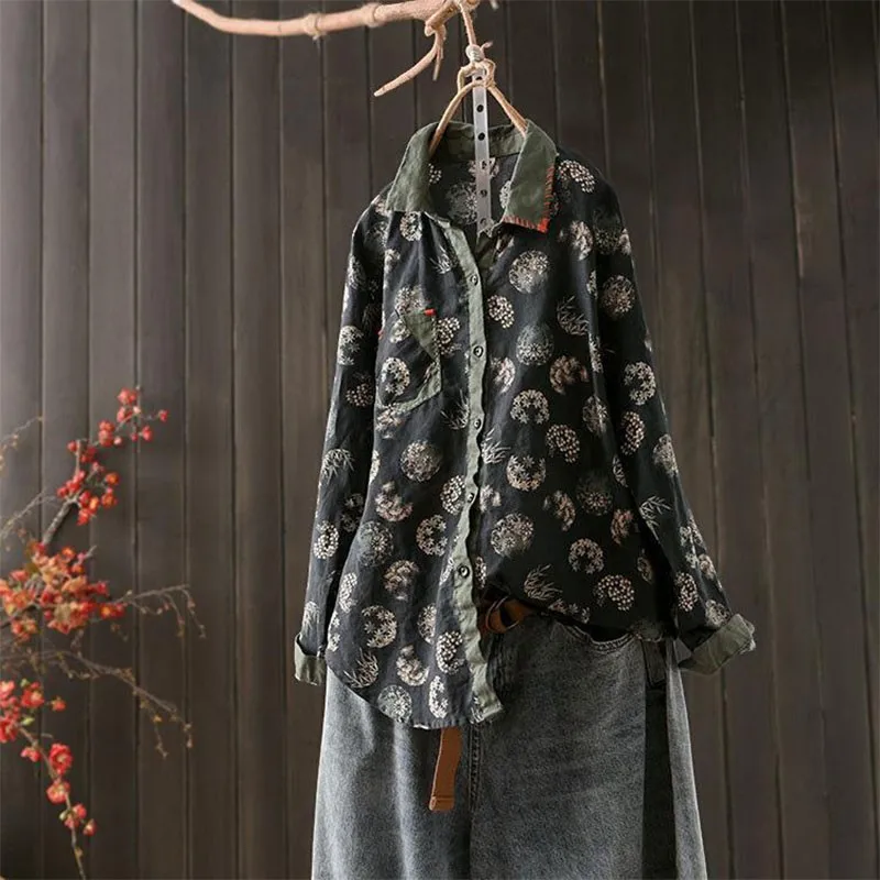 Spring Arts Style Women Long Sleeve Loose Turn