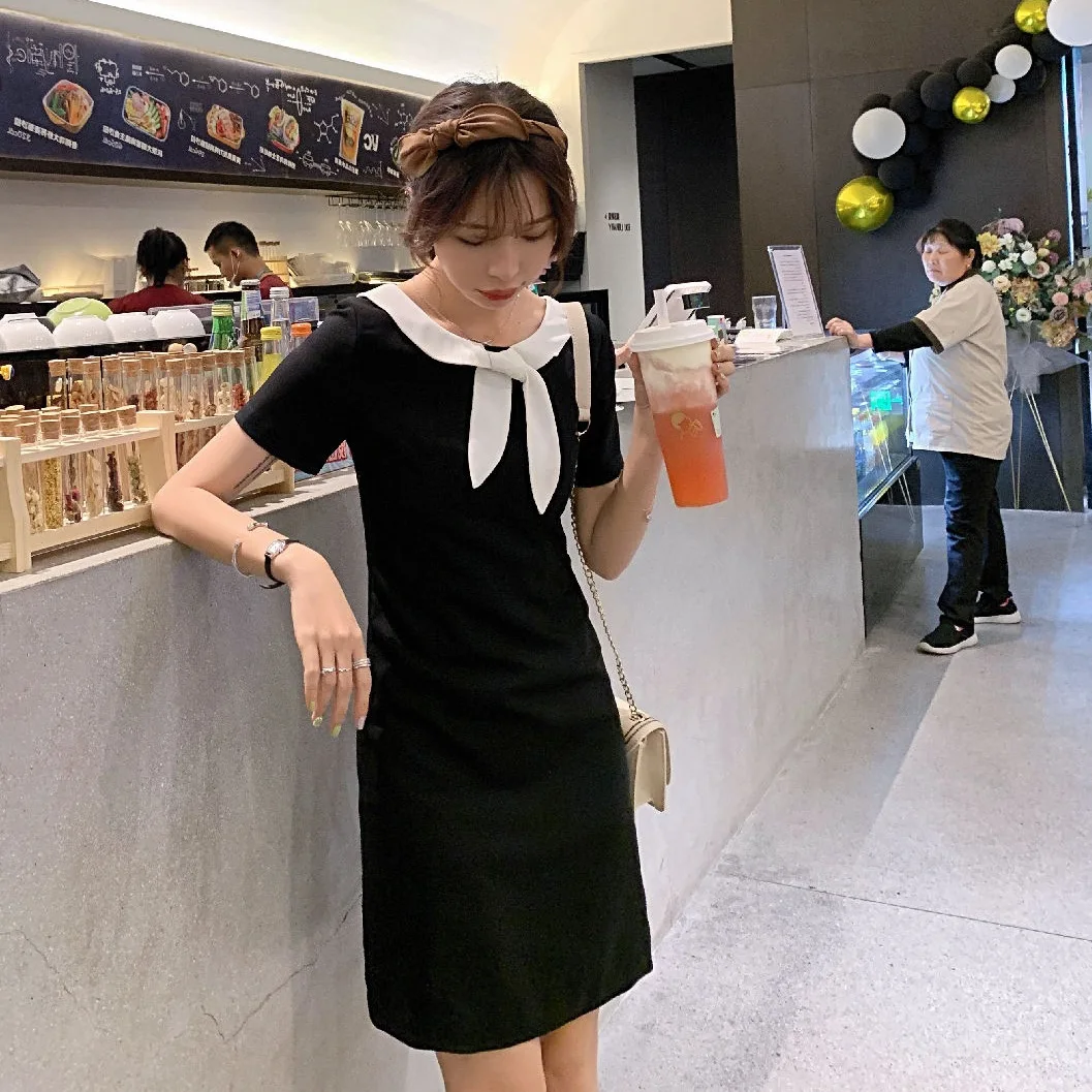 

Photo Shoot INS Hepburn Wind Ol Black And White with Pattern Mid-length Peter Pan Collar Single Breasted Slim Fit Front And Back