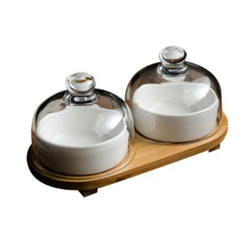

2PCS Ceramic Grid Fruit Plate Snack Plate Cake Dessert Bowl Glass Cover Ceramic Bowl with Tray Pudding Ice Cream Tray Set Dish P