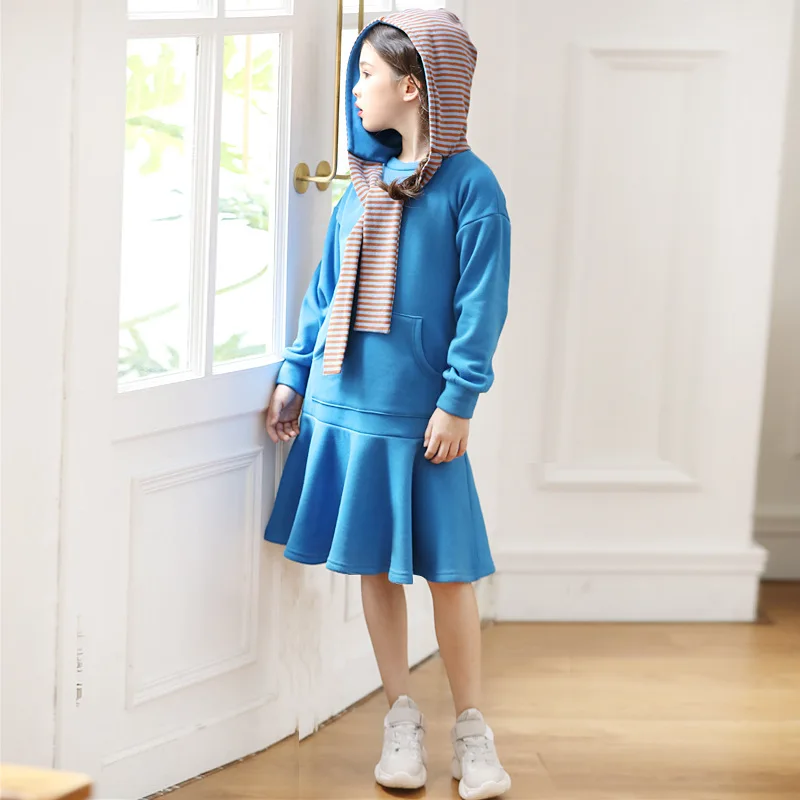 

Girls Hoodie Dress Teens School Clothes Spring Autumn Winter Long Sleeve Casual Cotton Midi Kids Dresses Striped Dress CL137