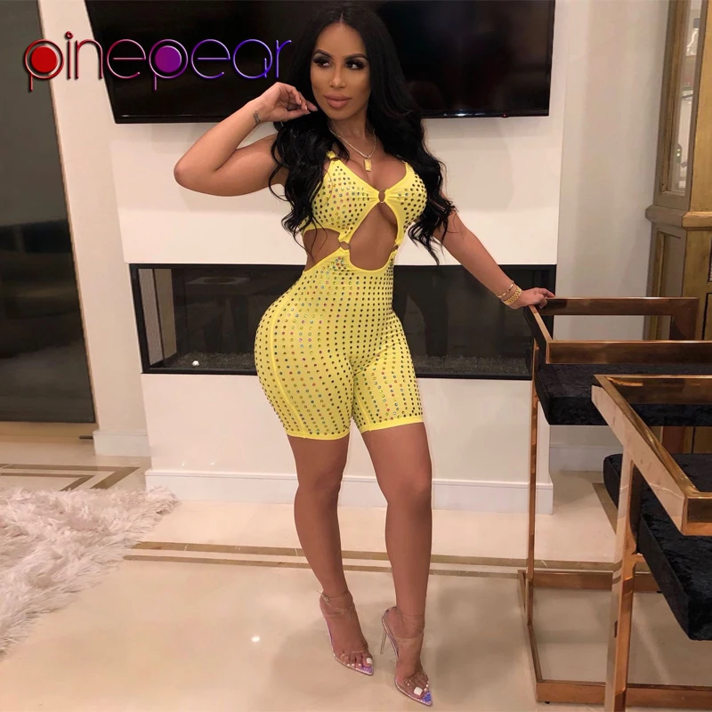 

PinePear Yellow/Pink Colorful Diamond Bodysuit Women Rhinestone Hollow Out Open Front & Sides & Back Bodycon Jumpsuit Wholesale