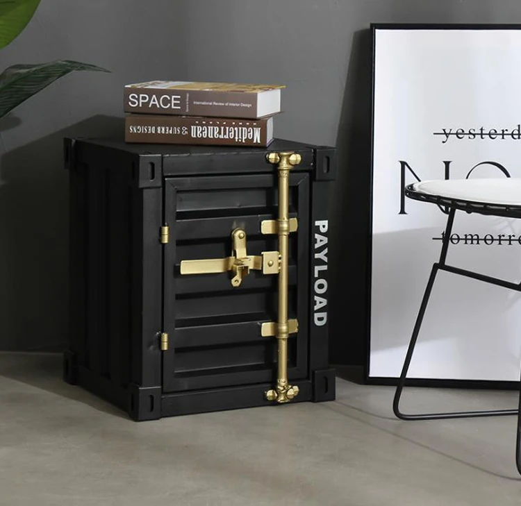 Retro Container Iron Bedside Table with Lock Storage Drawer Metal Bed Cabinet Nightstand Safe Box Home Hotel Bedroom Furniture