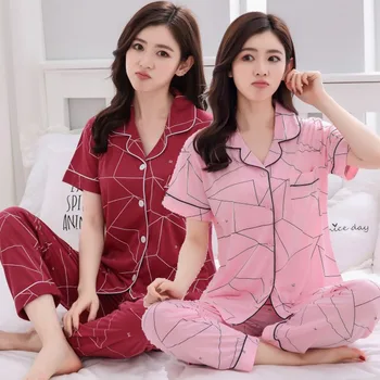 

2019 Summer Cotton Print Pajama Sets for Women Short Sleeve Sleepwear Pyjama Long Pants Loungewear Homewear Pijama Mujer Clothes