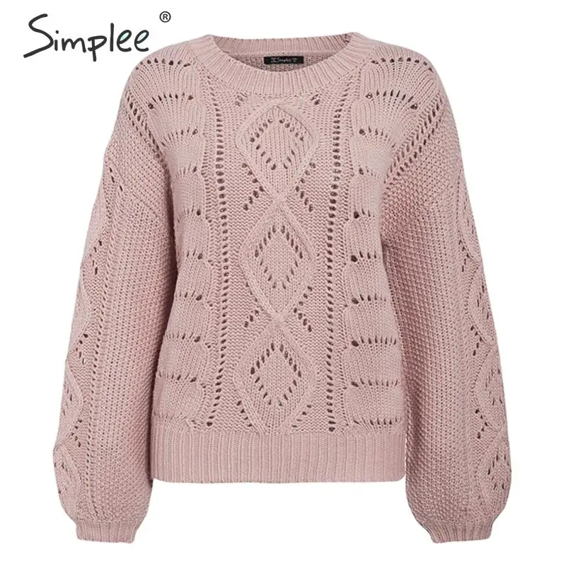 Темно-серый Simplee Hollow out knitted women pullover sweater Lantern sleeve female autumn winter sweater O-neck casual ladies jumper - Цвет: Темно-серый