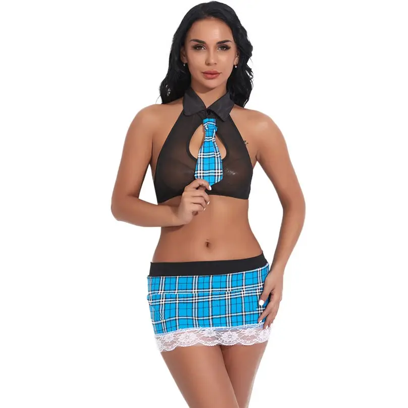 1 Set New Women Lace Sexy Lingerie Nightgown Uniform Sexy Underwear Lattice Tie + Mini Skirt Set Erotic Cosplay Sex 3A27 (10)