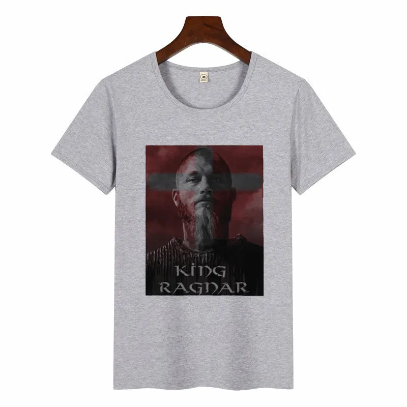 P1909B-grey Новейшие дизайнерские футболки KING Ragnar Lothbrok Vikings Женская майка с коротким рукавом повседневные футболки топ с круглым вырезом Футболка - Цвет: P1909B-grey