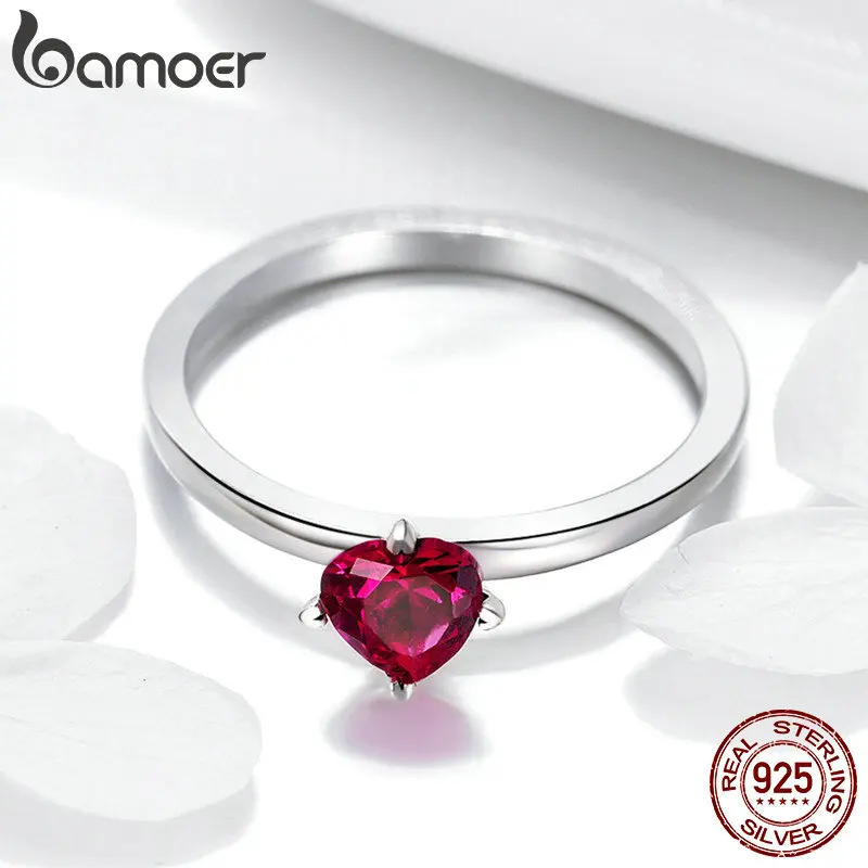 BAMOER autentyczne 100% 925 srebrny pierścień miłość pierścień z sercem oryginalna biżuteria ślubna na prezent dla kobiet SCR389