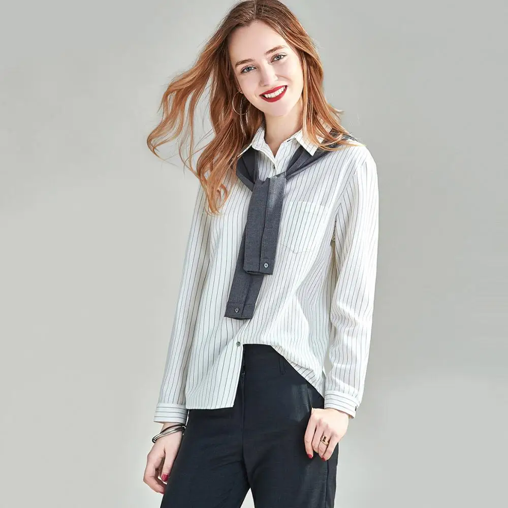

HAVVA Autumn Winter Design Feeling Windsor Collar Shirt White Striped Full Sleeve Female Detachable Shawl Blouse C4657