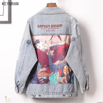 

Plus Size 2020 New Autumn Funny Cartoon Print Long Denim Jacket Women Vintage Streetwear Punk Style Jean Jacket casaco feminino