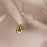 Double Ring with Green Diamonds 18k Yellow Gold Pendant Necklaces for Women Clavicle Chain Gold Necklace Fine Gold Jewelry Gifts