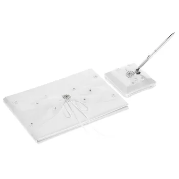 

White Satin Wedding Guest Signature Book And Pen Stand Set With Lace Flower Guest Book White Satin Ribbon