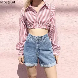 Сексуальная полосатая рубашка на пуговицах для женщин плюс размер Лето Весна длинный рукав короткий топ с воротником модная одежда 2019