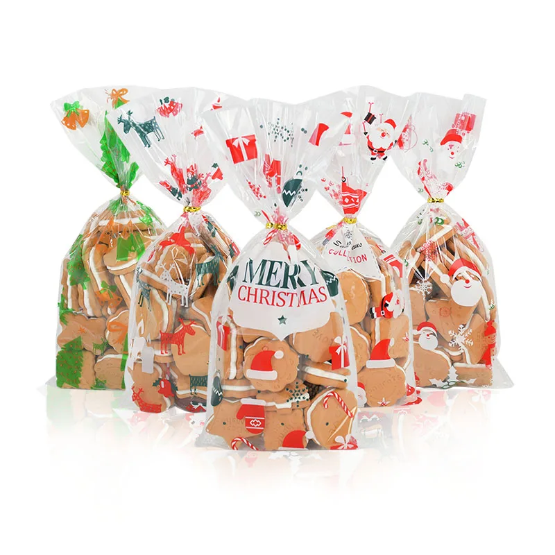50Pcs Transparent Christmas Candy Bag Santa Claus Cookies Snack Storage Bag Cellophane Wedding Birthday Party Xmas Decor Navidad