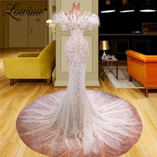 

Lowime Feathers Pearls Celebrity Dresses 2022 Robe De Soirée Femme Plus Size Mermaid Beading Couture Party Gowns Evening Wear