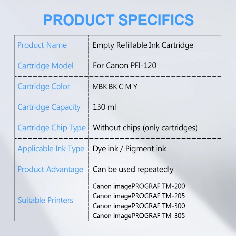 PFI-120 PFI120 Refillable Ink Cartridge Without Chip 130ML 5Colors/Set for Canon TM-200 TM200 TM-205 TM-300 TM-305 TM300 Printer printer supplies,ink cartridge,inkjet ink cartridge