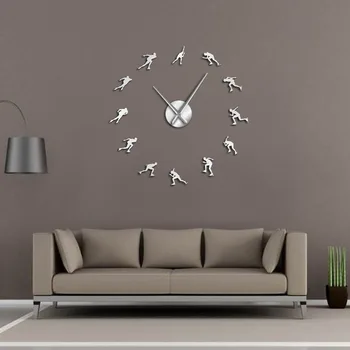 

Winter Sport Ice Speed Skating Mirror Sticker Large Silent Wall Clock Speed Skater Sport Art Room Decor Speed Roller DIY Watch