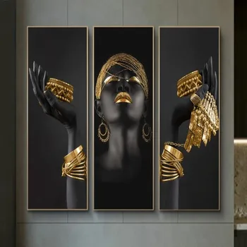 

Canvas Paintings African Black Woman with Golden Jewelry on Hands on The Wall Art Posters and Prints Modern Home Decor Pictures
