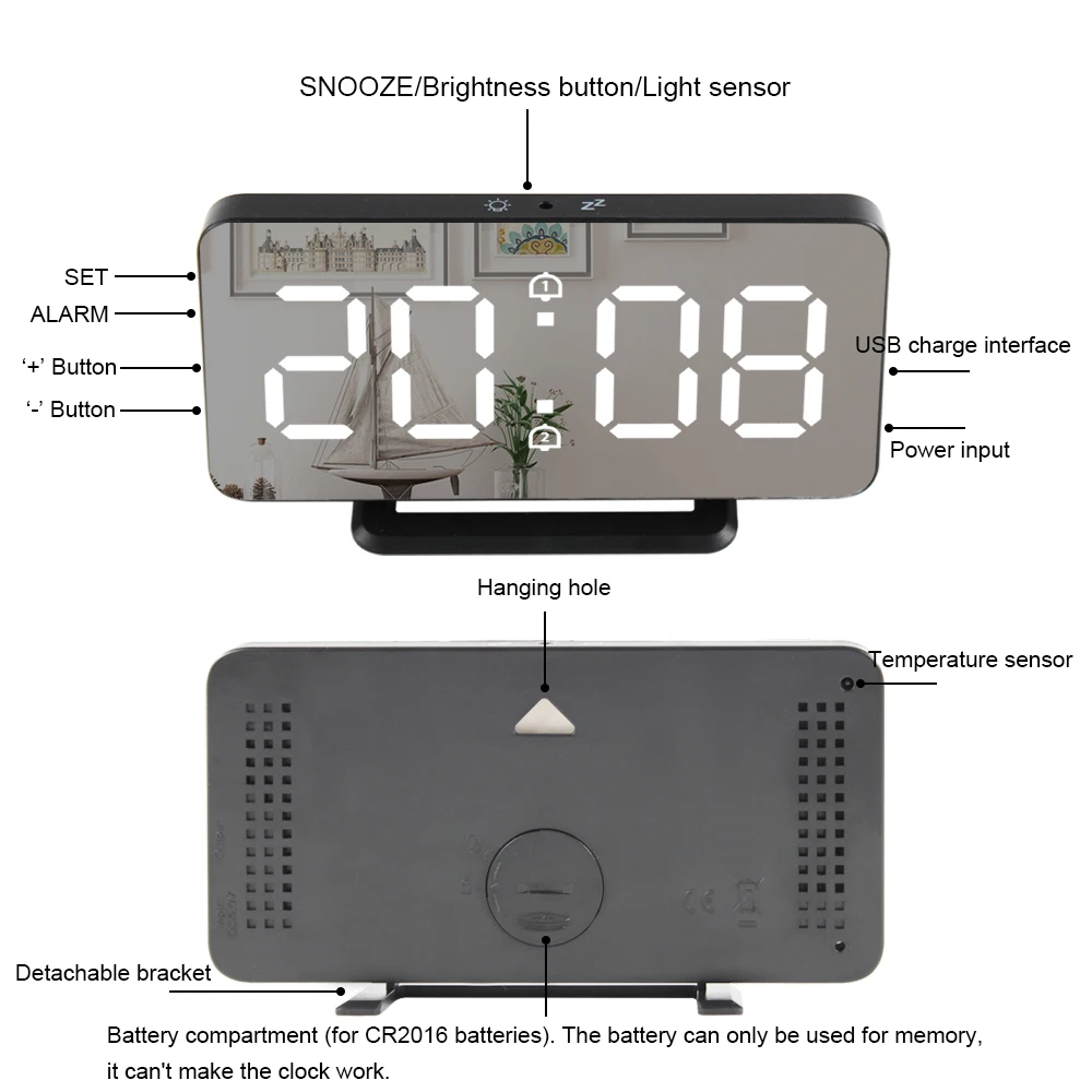 Mirror Digital Alarm Clock LED Electronic Temperature Wall Table Snooze Clocks USB Multifunction Watch Nightlight Home Office