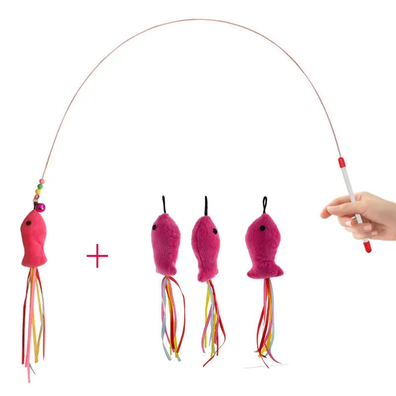 Elastic Metal Boom Tease Cat Stick Funny Toy + 3 Pcs Replaceable Plush Fake Fishes Playing With Your Kitten Pets Make Fun | Дом и сад