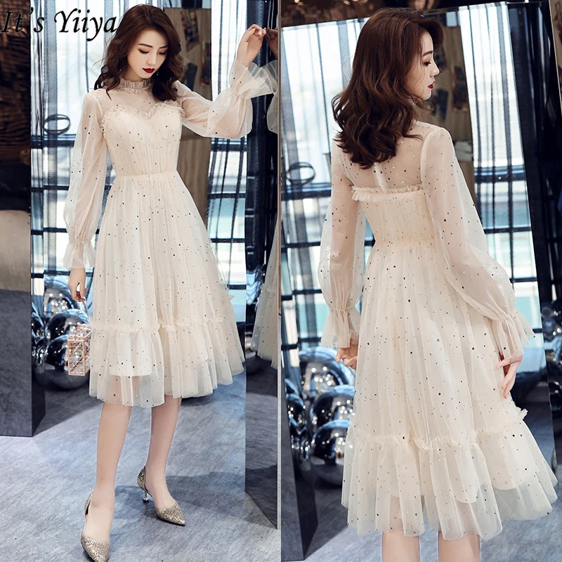 It's Yiiya Evening Dress Long Sleeve Evening Dresses Elegant Champagne Sequins Formal Gowns Plus Size robe de soiree LF182