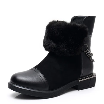 

EIE Winter Ankle Boots Women Warm Thick Fur Black TPR Sole Boots Women Side Zipper Basic Flat Boots Ladies Shoes Female Boots