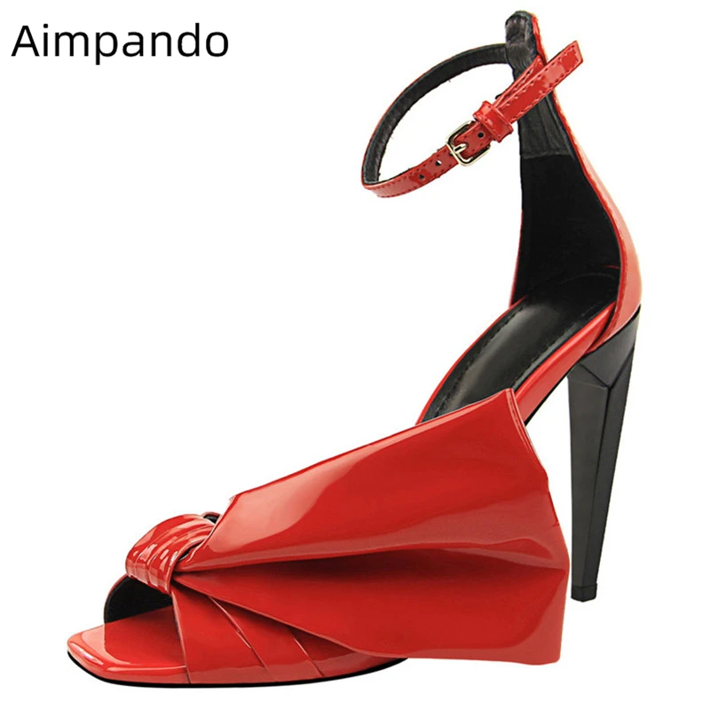 

Individual Spike High Heel Summer Shoes Woman Ankle Strap Cover Heels Open Toe Big Side Bowknot Ruffles Sandals Women