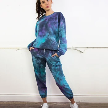 

Tie-dye digital printing women street style long-sleeved round neck hoodie casual harem pants tide brand suit