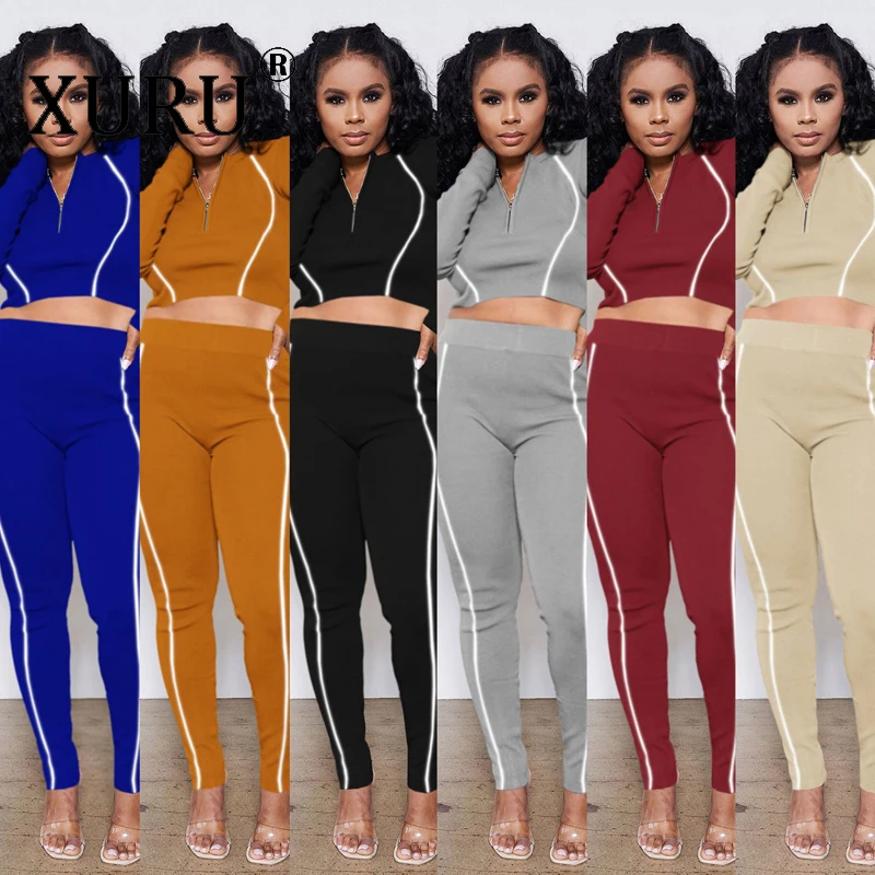 

XURU European and American Women's Jumpsuit Two-piece Solid Color Multicolor Reflective Strip Long-sleeved Jumpsuit