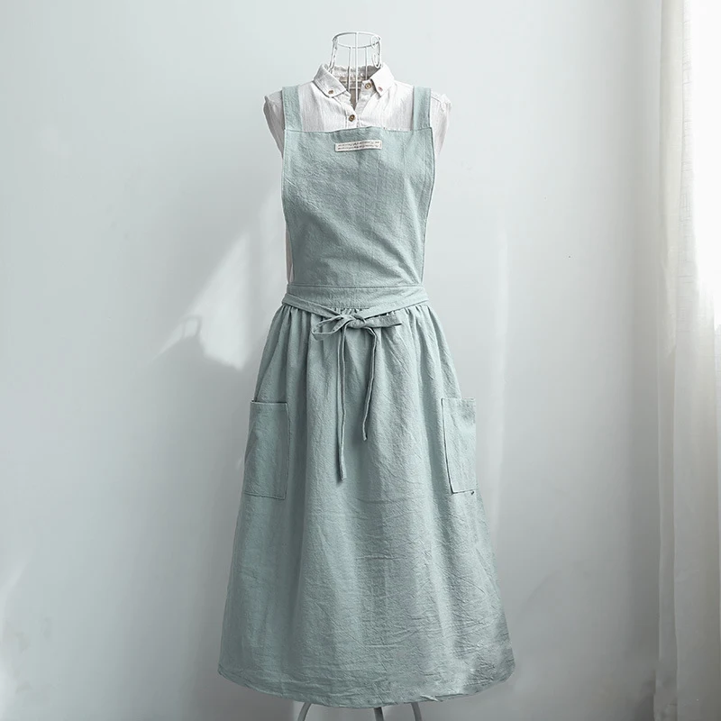 Women Bib Apron Cotton Linen Sleeveless Pinafore Dress Kitchen Coffee Cooking Pink, Light Green, Dark Grey Washed Cotton Linen