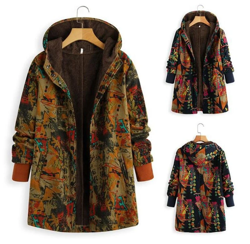 discounted SZMALL Fashion Boho print Hooded Coat Women Winter warmer Full Sleeve Button Jackets Tops For Femal