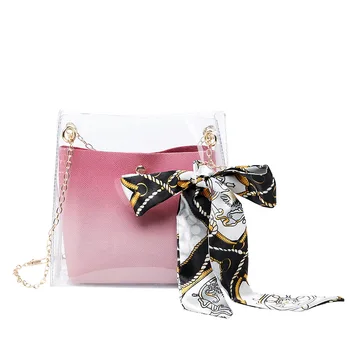 

2019 Summer Fashion Women's Bag PU PVC Transparent Bag Mobile Phone Zero Wallet One-shoulder Slanted Bag Scarf
