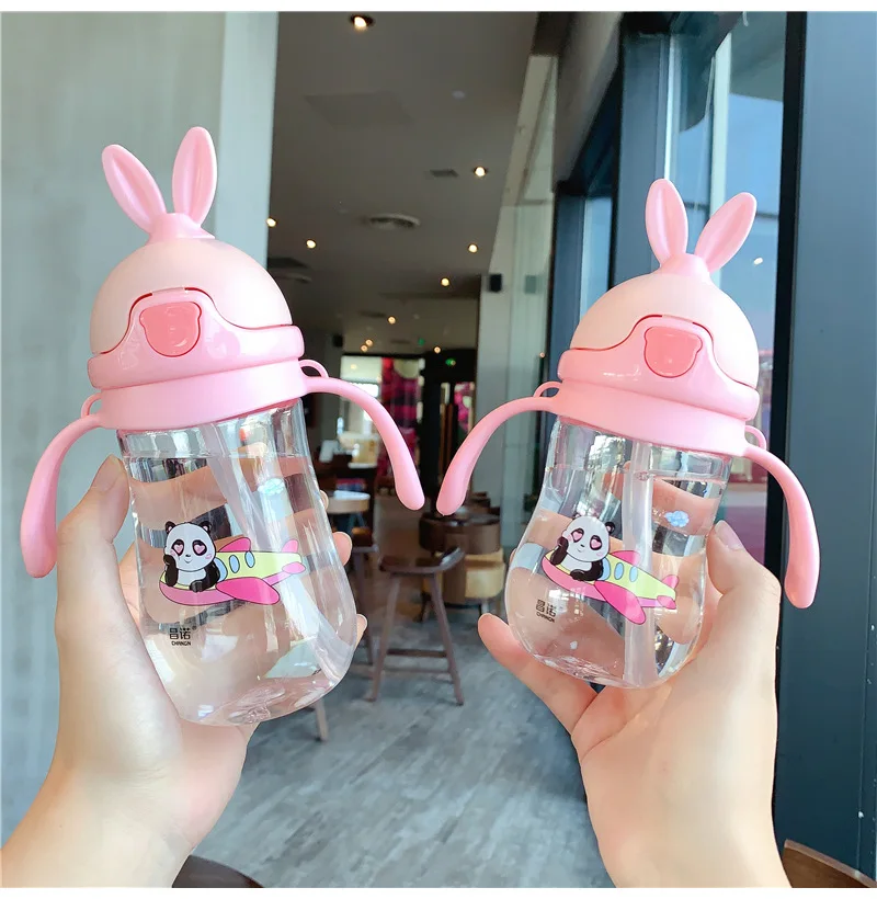 280ml Cute Rabbite Baby Feeding Bottle BPA Free Children Learn Drinking Straw Water Bottles Kids Training Cup w Handle&Sling