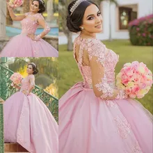 С милым розовым бантом 16 Пышное Платье бальное платье Винтаж кружевная одежда с длинным рукавом 3D с цветочным узором, Vestidos 15 Anos размера плюс пышные платья для выпускного бала
