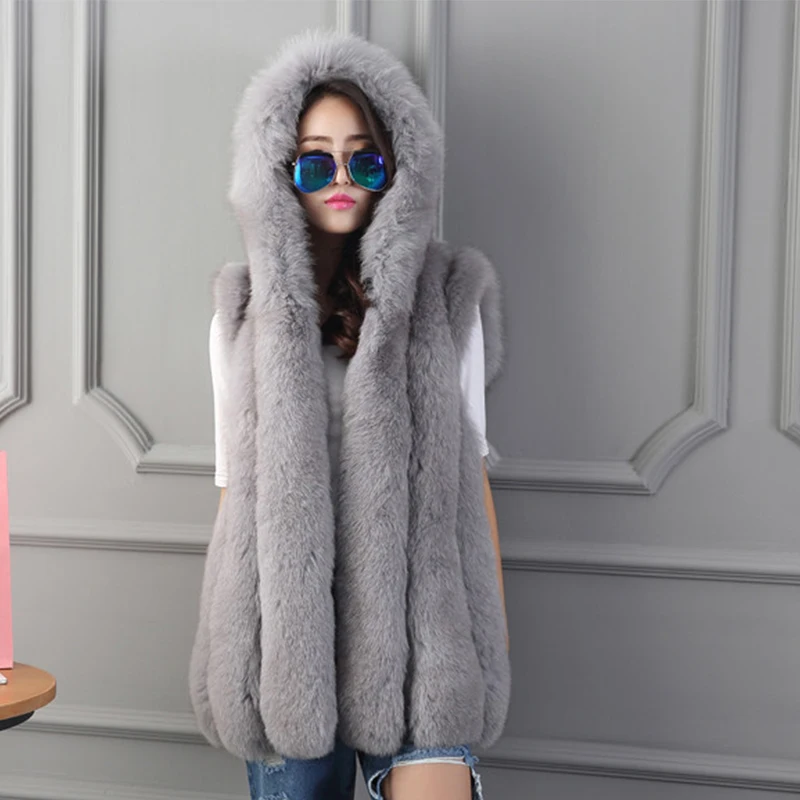 Plus Size Autumn Winter Faux Fox Fur Vest With Hooded High Quality Long Waistcoat Fur Cardigan Woman Vest manteau femme DF607