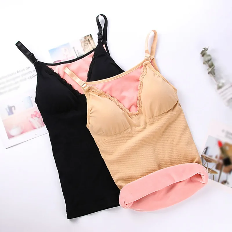 

Women Sexy Lace Winter Plush Thick Warm Underwear Tops Sling Camisoles Slim Bottoming Thermal Underwear Tops
