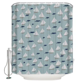 

DEARHOUSE Shower Curtain Sailboat Cyan Background Waves Shower Curtain Bathroom Curtain Home Decoration