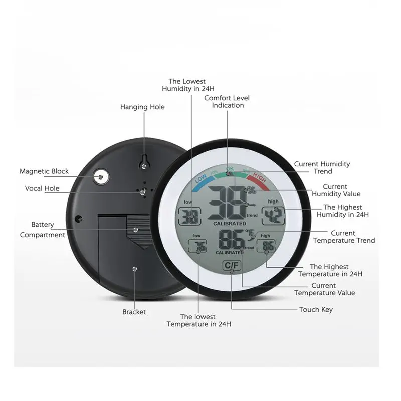 Digital LCD Display Indoor Thermometer Hygrometer Round Wireless Electronic Temperature Humidity Meter Weather Station Tester bl